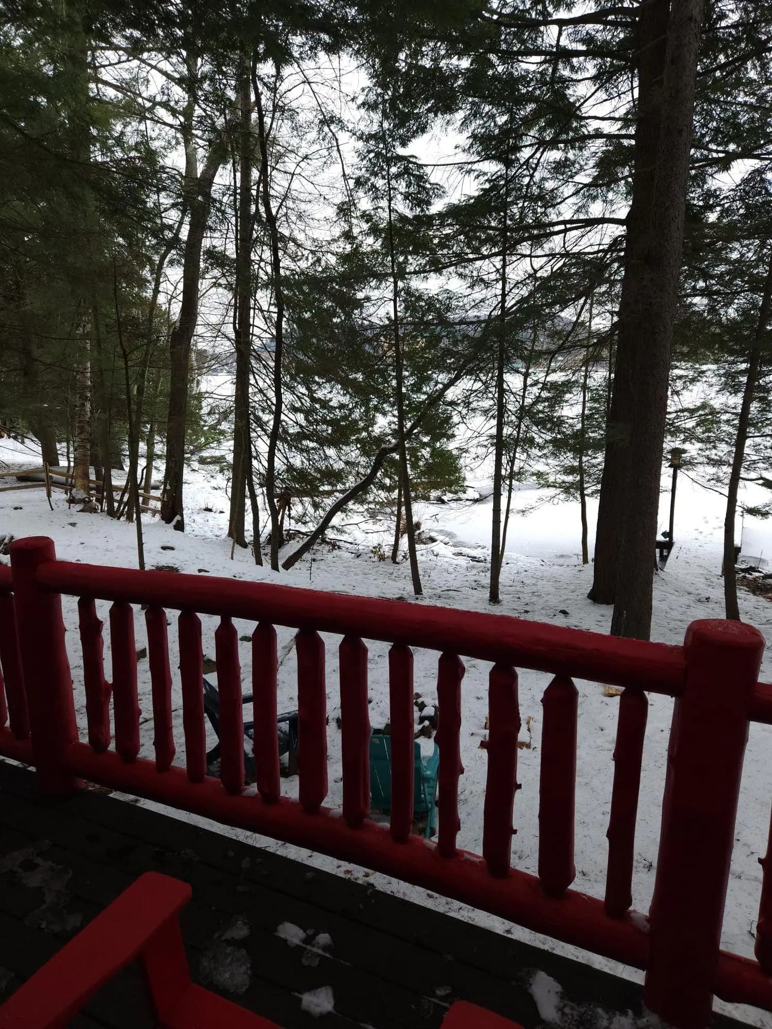 Snow on the deck at Colden Lodge
